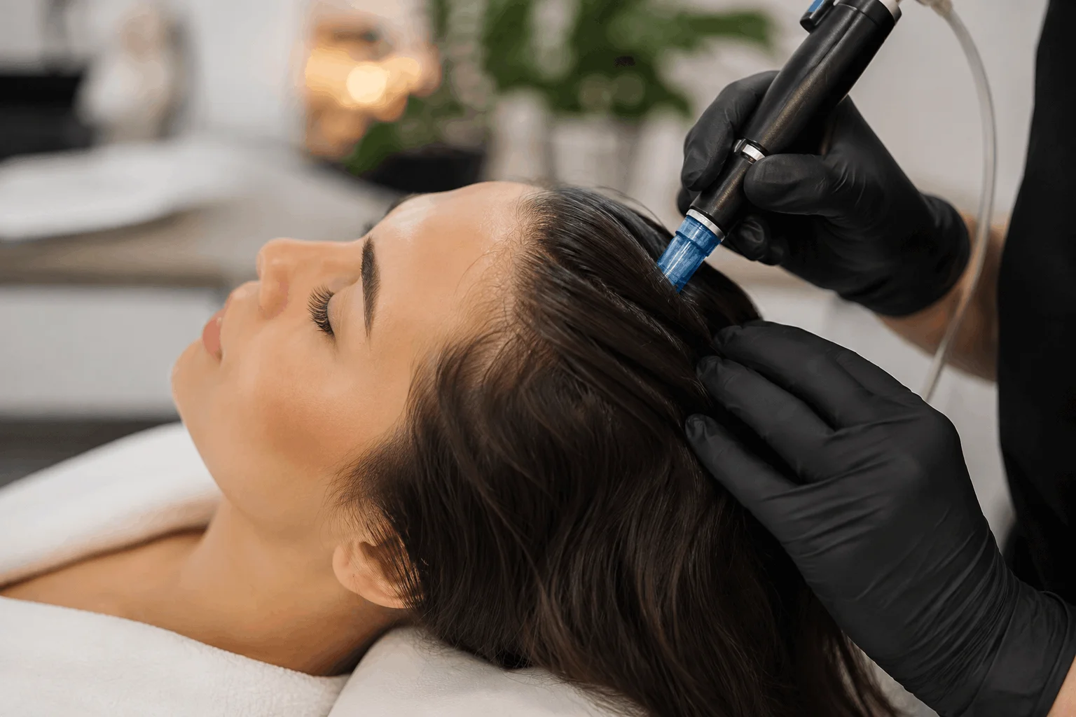 Client receiving HydraFacial Keravive scalp treatment for hair thinning to improve scalp health and support fuller-looking hair in South Elgin, IL